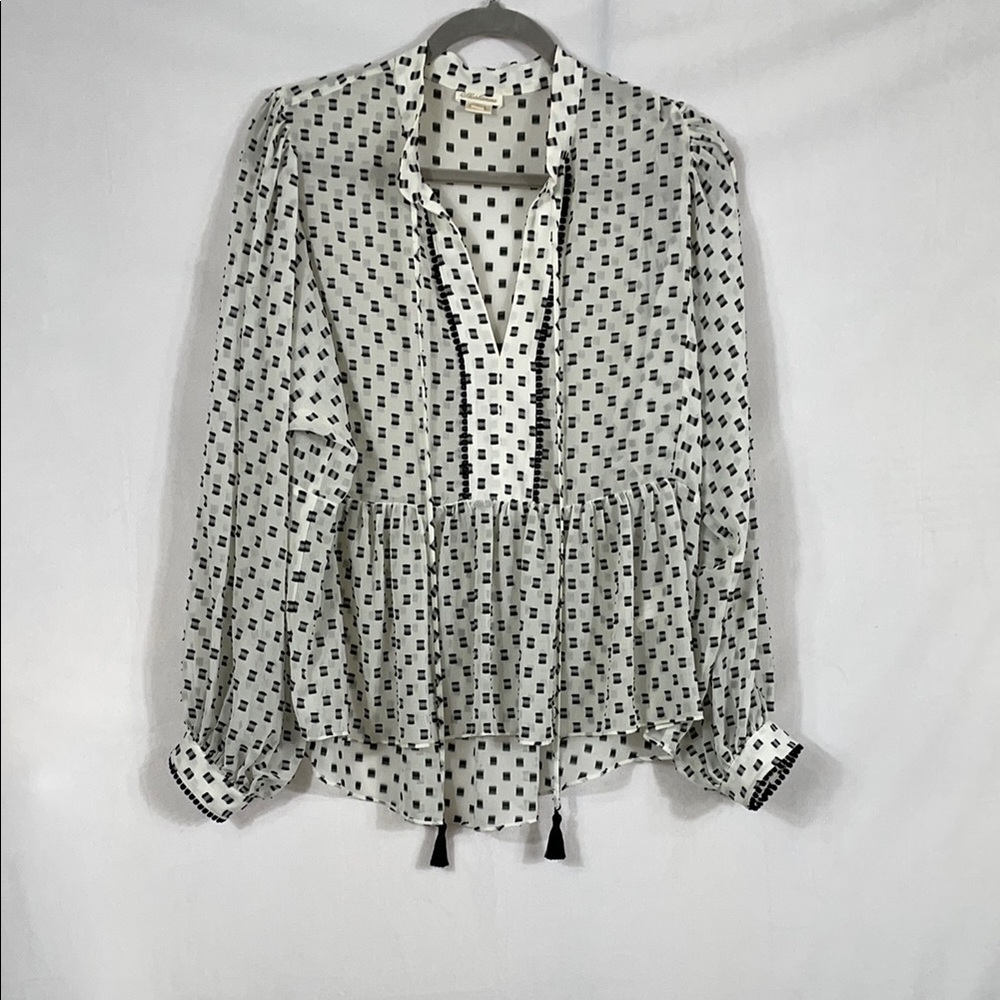 Shoshanna Top Blouse Size L Shear Cream and Black Print